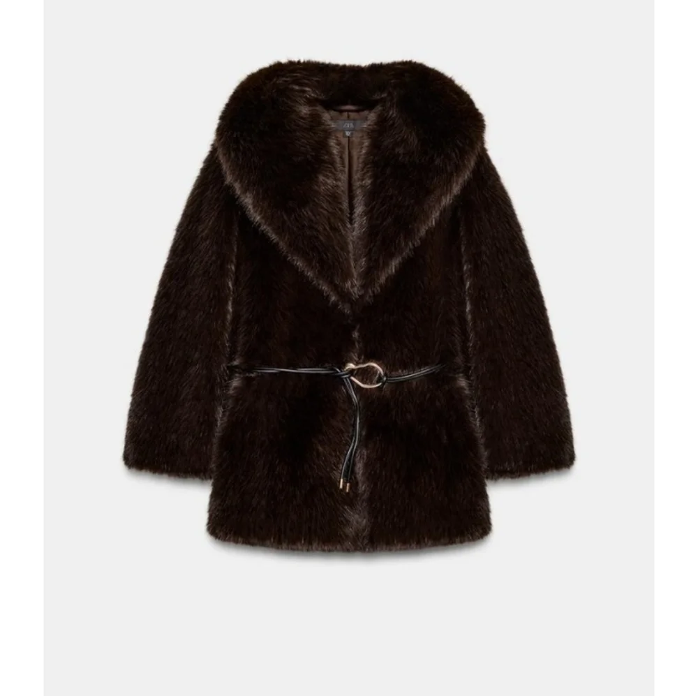 ZARA Women's Faux Fur Coat with Belt(Brown, US XS, S, M,L/EUR XS, S, M, L) - Picture 8 of 15